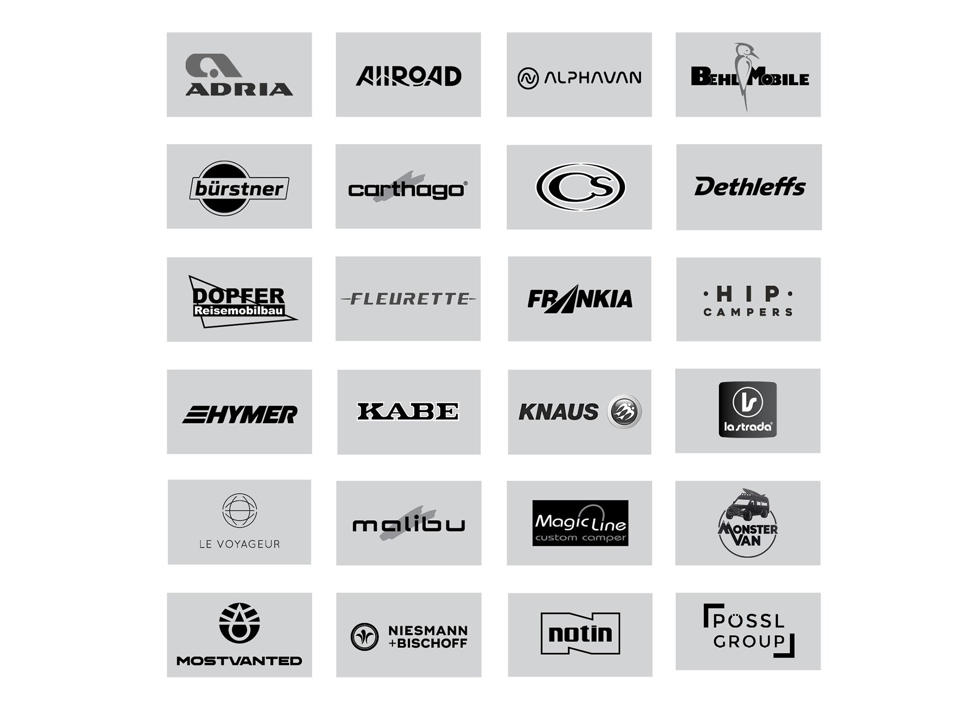 Übersicht der Hersteller Logos, mit denen Mercedes-Benz für den Sprinter Camper kooperiert. Logo Übersicht Sprinter Reisemobilhersteller