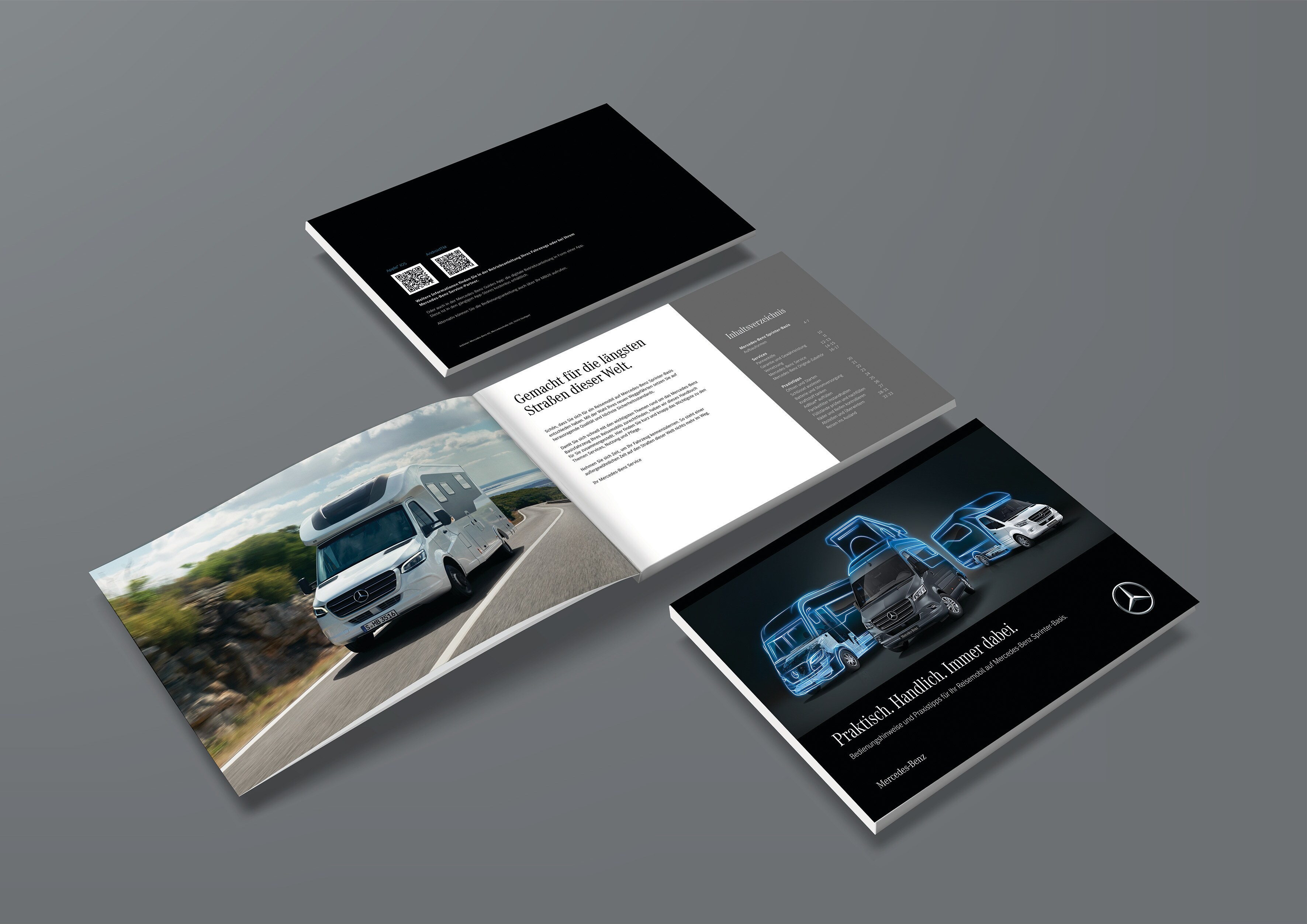 Mercedes-Benz Sprinter Reisemobil Eine aufgeklappte Broschüre mit Mercedes-Benz Sprinter Reisemobil Fahrzeugen.