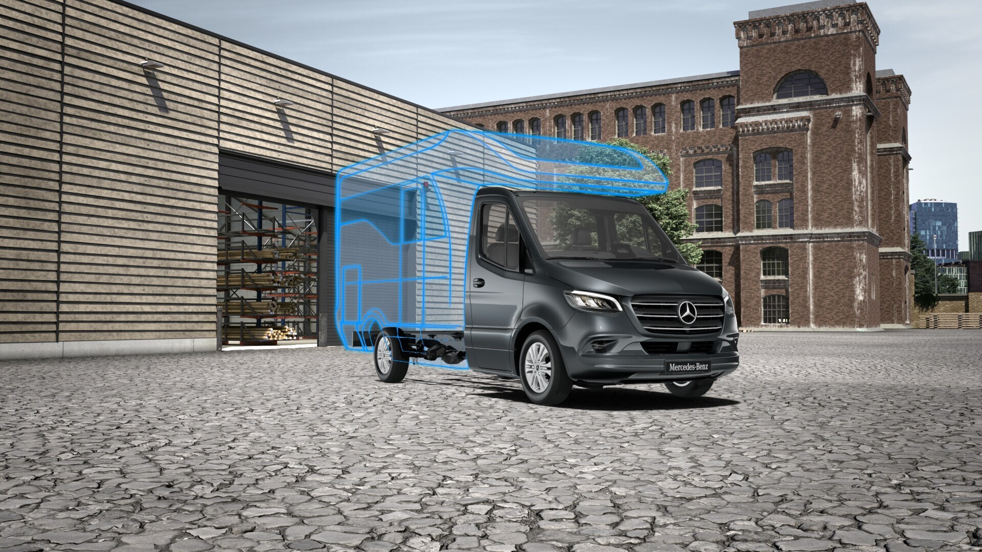 Der Sprinter – Variantenvielfalt für Ihre Reisemobil-Basis. Ein Sprinter Fahrgestell als Basis mit einem gezeichneten Reisemobil Aufbau steht in einer Fabrikhalle.