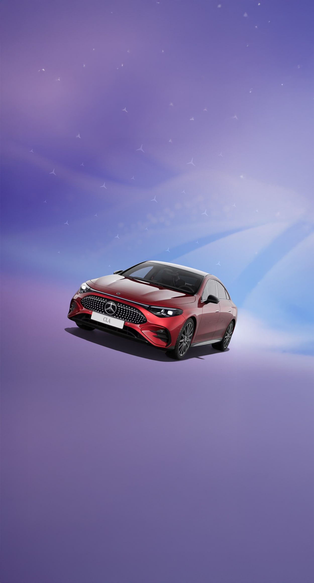 Ein rotes Mercedes-Benz Modell in einem violett-blauen Raum.
