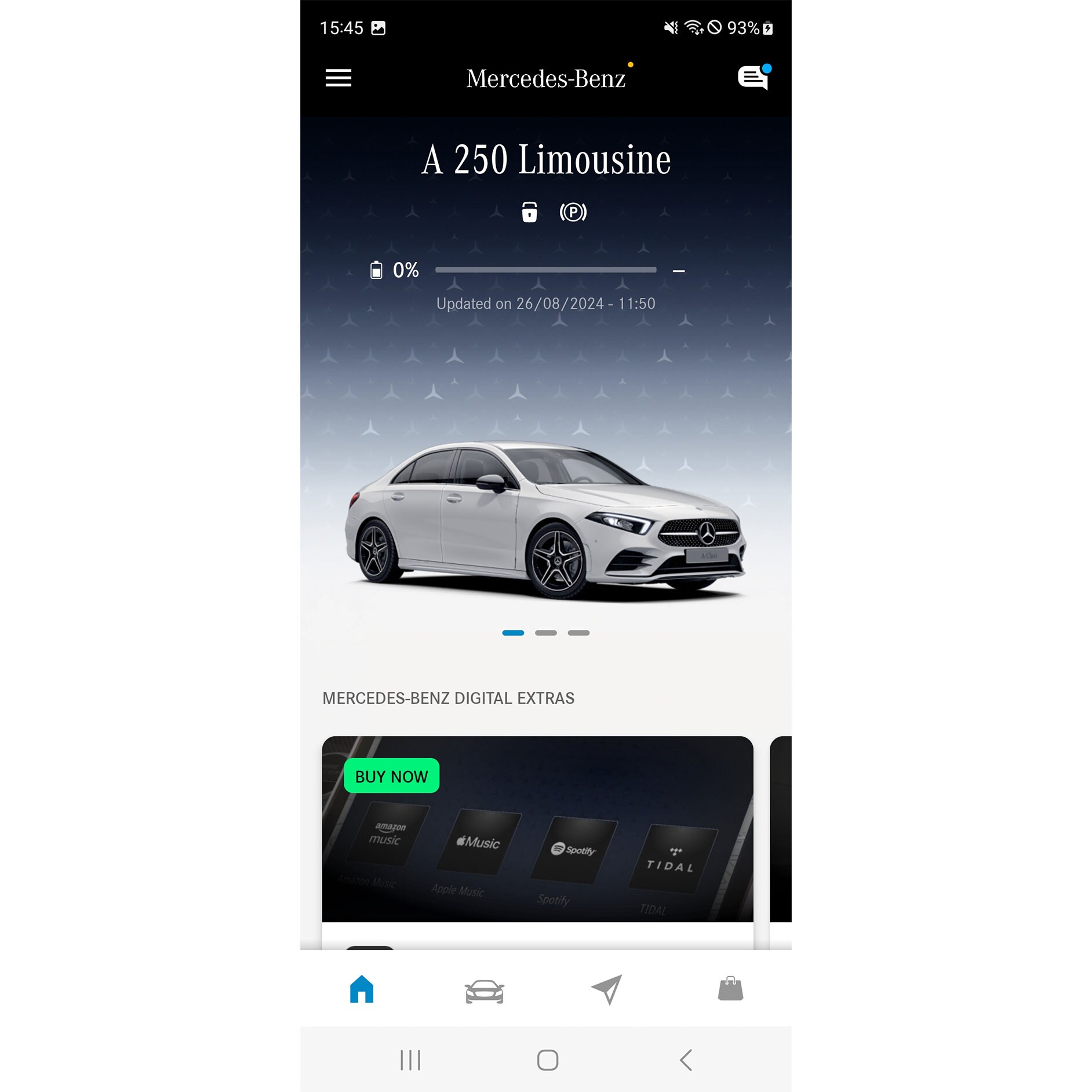 Mercedes-Benz App | Apps | Mercedes-Benz Das Menü der Mercedes-Benz App zeigt die verfügbaren Funktionen der Digitalen Extras Navigation, Remote und GUARD 360˚ auf einem Smartphone an.