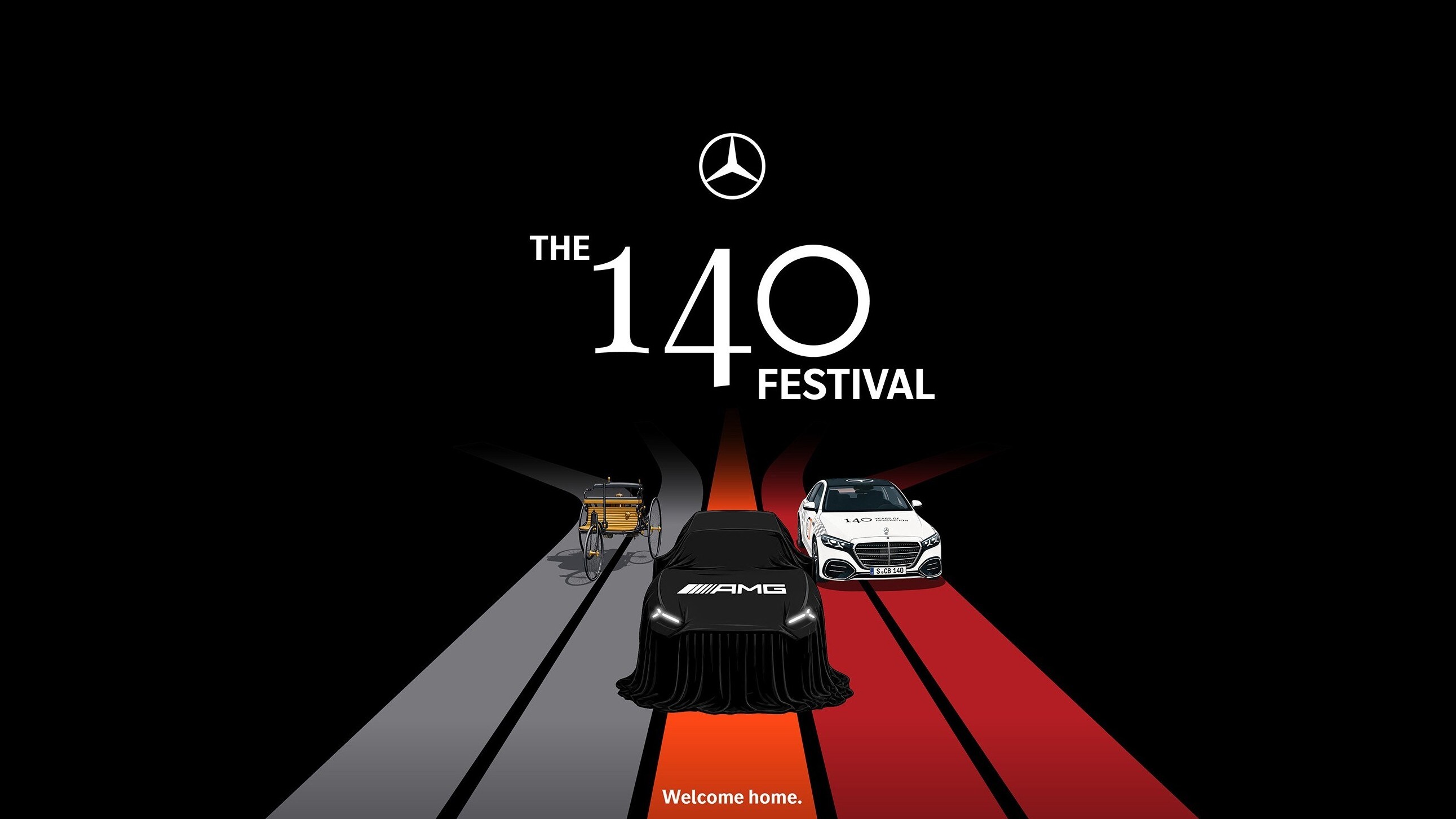 Modellhafte Darstellung eines verdeckten Mercedes-AMG Modells mit älteren Modellen.