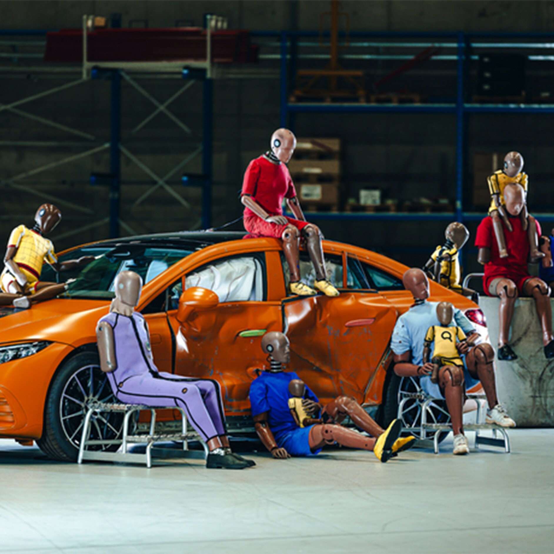 Crashtest-Dummys | Sicherheit | Mercedes-Benz Mehrere Crashtest-Dummys sitzen auf und um ein Mercedes-Benz Auto.